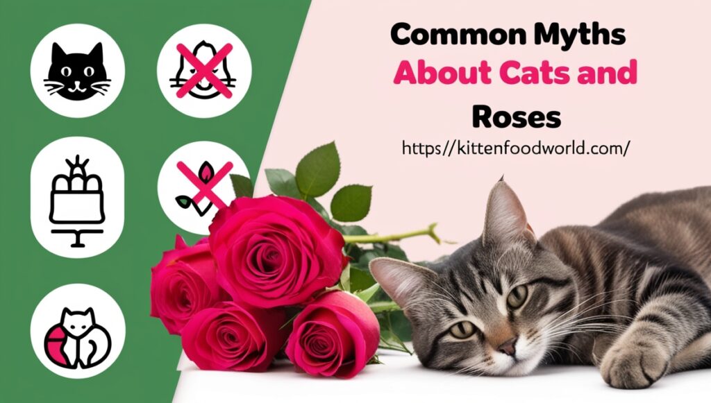 An infographic showing cats and roses myths, with a cat next to a bouquet.