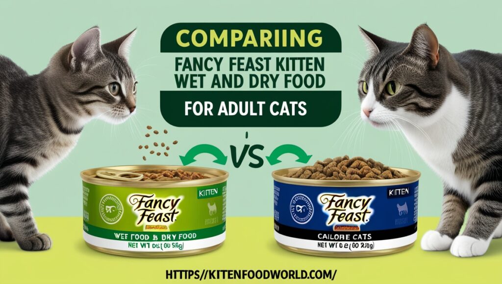 Comparison of Fancy Feast kitten wet and dry food, illustrating differences in moisture and calorie content