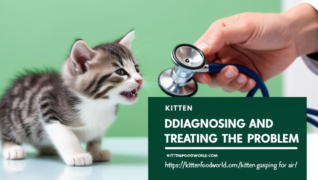 A veterinarian diagnosing breathing problems in a kitten using a stethoscope.