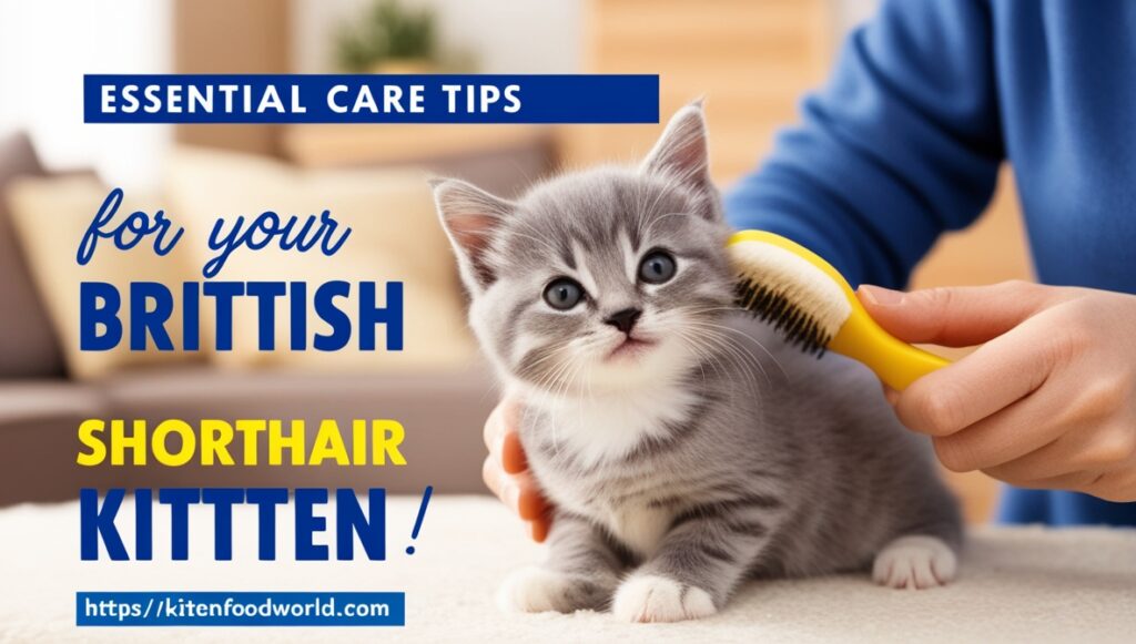 British Shorthair kitten being groomed with a soft brush, showing care tips for its coat.