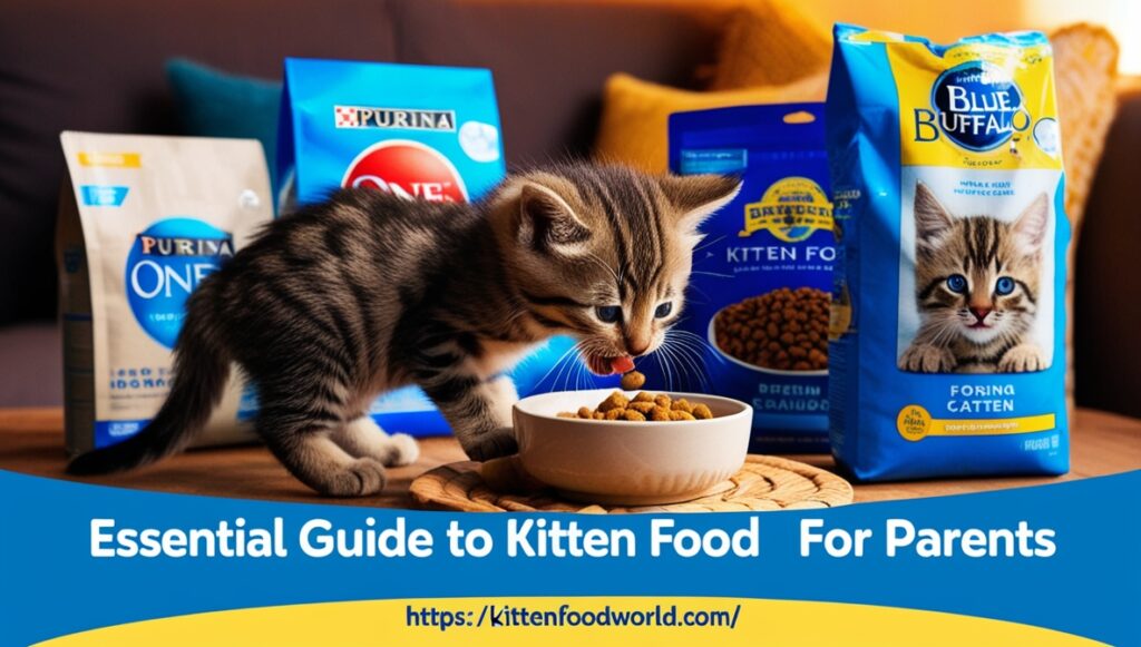 Kitten enjoying a bowl of nutritious kitten food with top brands in the background.