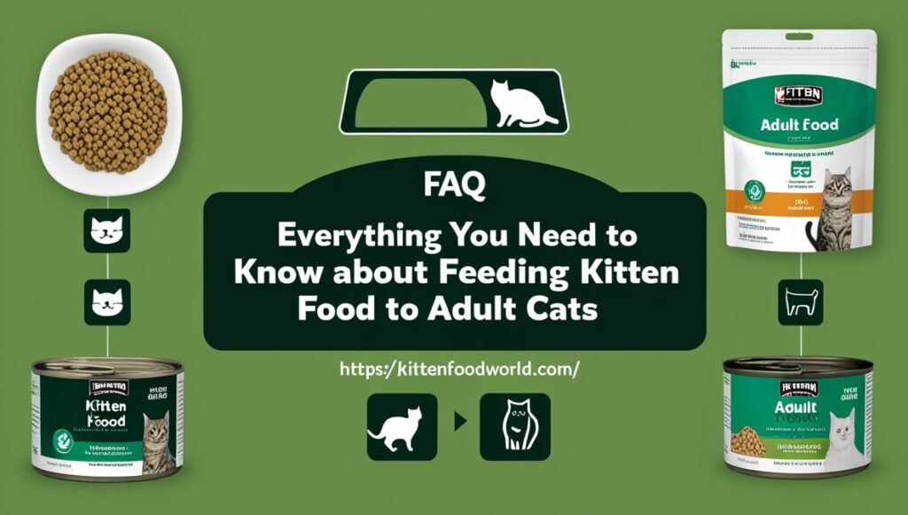 Illustration of FAQ icons addressing common questions about feeding kitten food to adult cats.