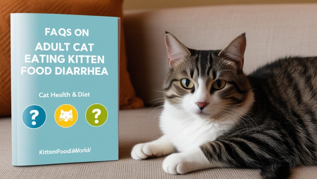 FAQ booklet titled ‘Cat Health & Diet’ beside a relaxed cat, representing common cat diet questions.