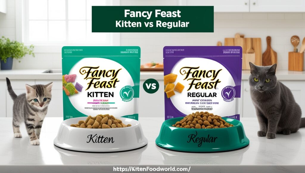 Side-by-side bowls of Fancy Feast Kitten and Regular food with a kitten near the kitten food and an adult cat near the regular food.