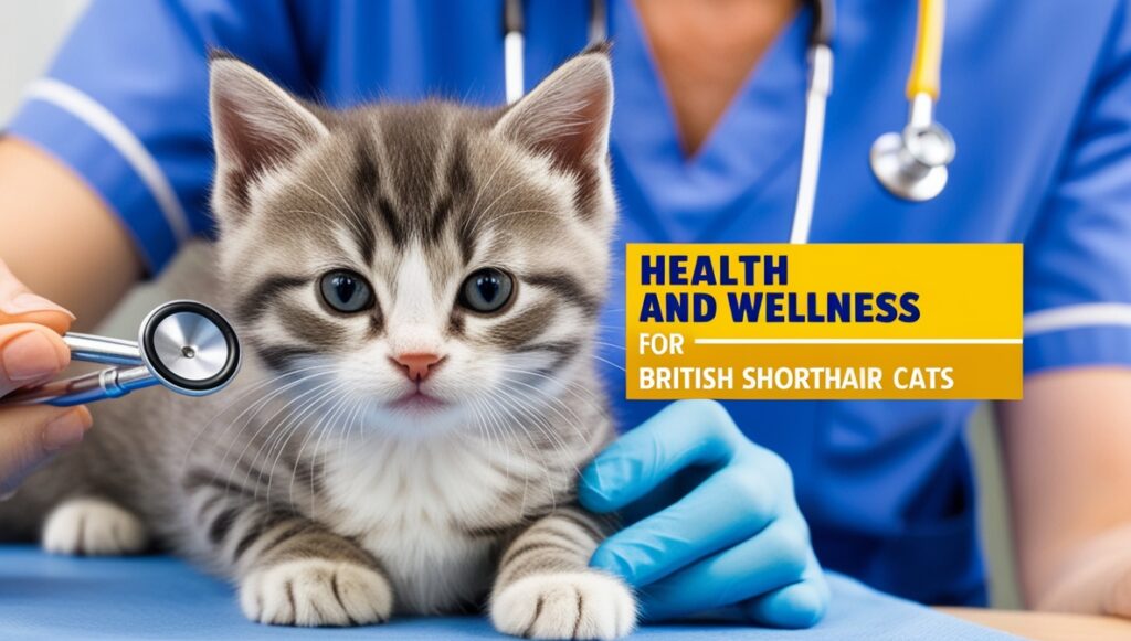 British Shorthair kitten being checked by a veterinarian, focusing on health and wellness.