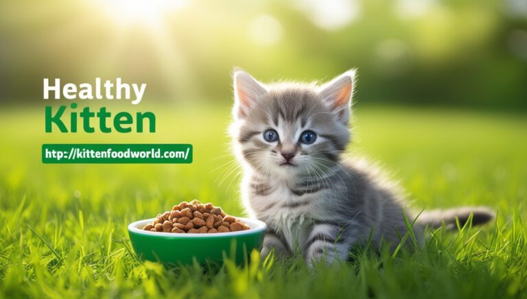 Healthy kitten sitting in a grassy field with a bowl of food, symbolizing immune system care.