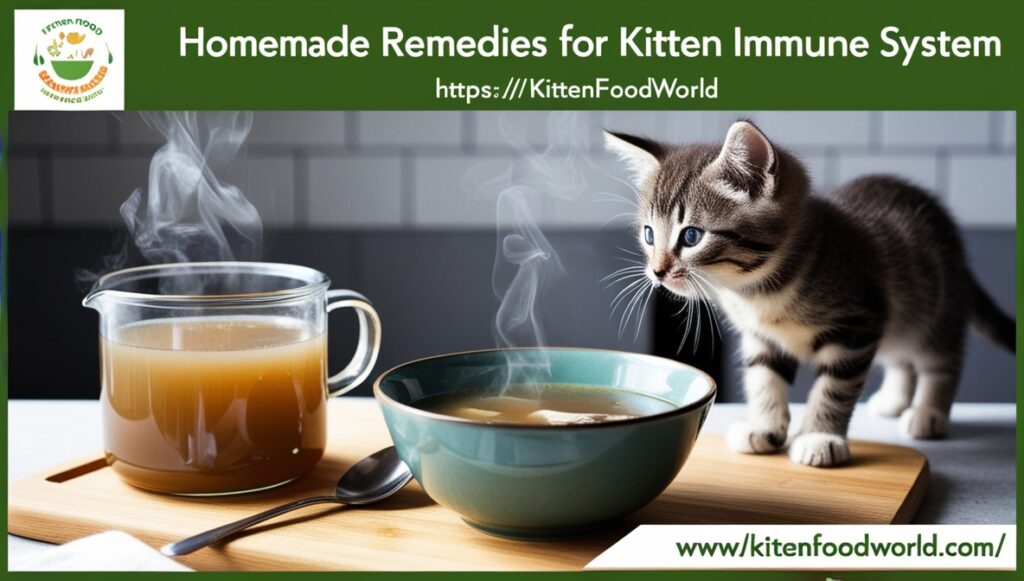 A kitten sniffing a bowl of homemade bone broth in a kitchen.