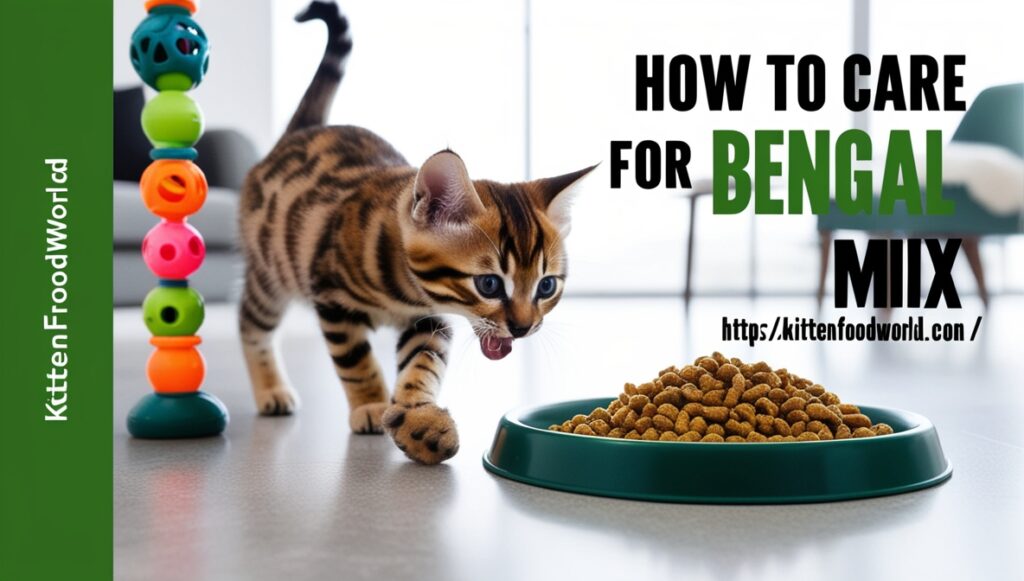 Bengal mix kitten playing with toys and eating from a food bowl. 