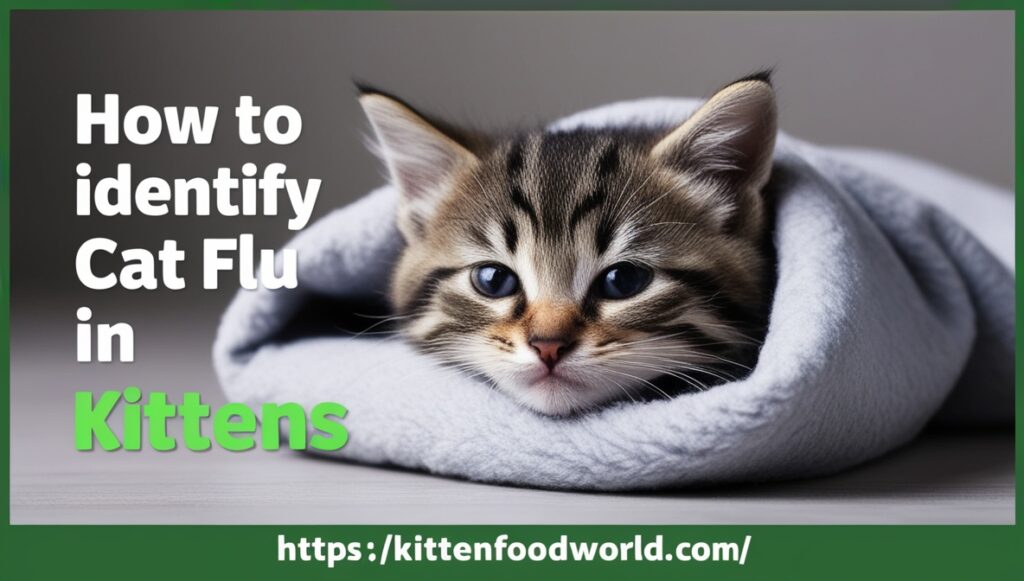 A kitten showing symptoms of cat flu, wrapped in a blanket.