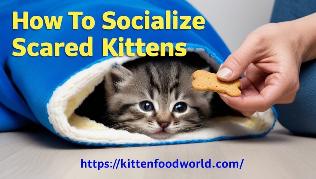 Kitten hiding under a blanket while a person offers a treat, showing how to help socialize scared kittens