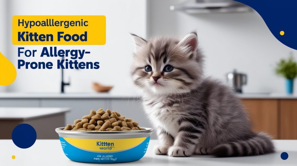 Fluffy kitten with a sensitive expression sitting near a bowl of hypoallergenic kitten food in a clean, peaceful kitchen, highlighting care for allergy-prone kittens.
