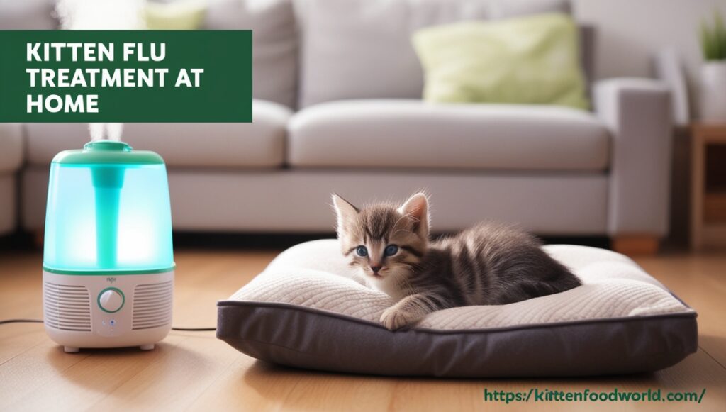 A kitten resting in a bed with a humidifier running for flu treatment at home.
