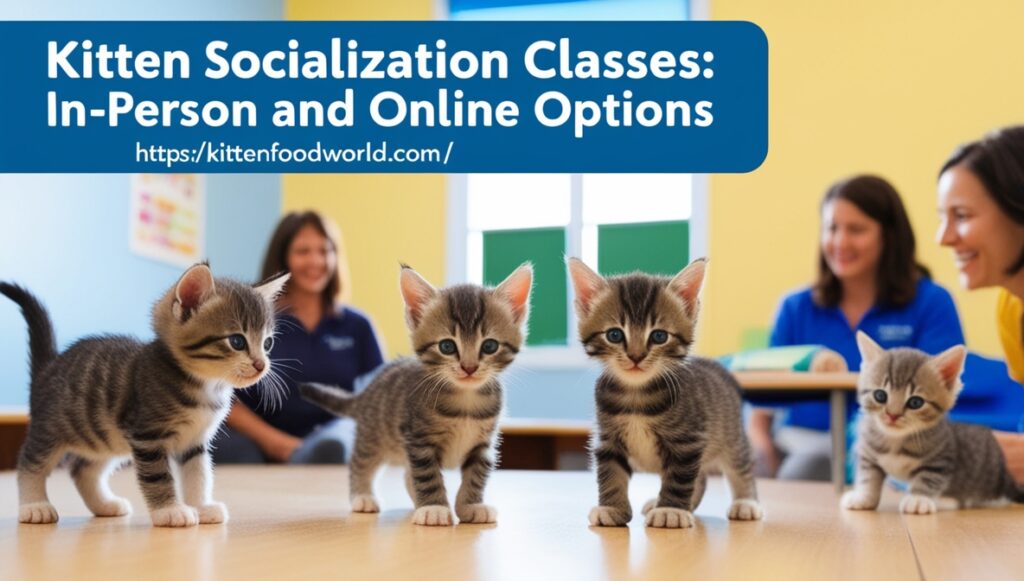 Group of kittens in a socialization class with a trainer, learning to adapt to new environments.