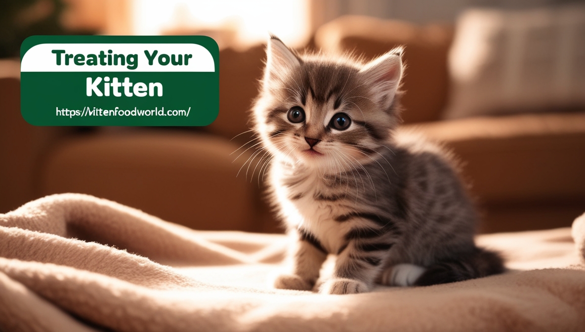 A curious kitten sitting on a soft blanket with a warm, homey background