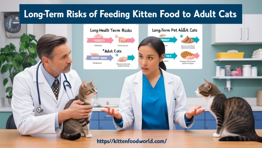 Veterinarian explaining long-term health risks of feeding kitten food to adult cats to a concerned pet owner.