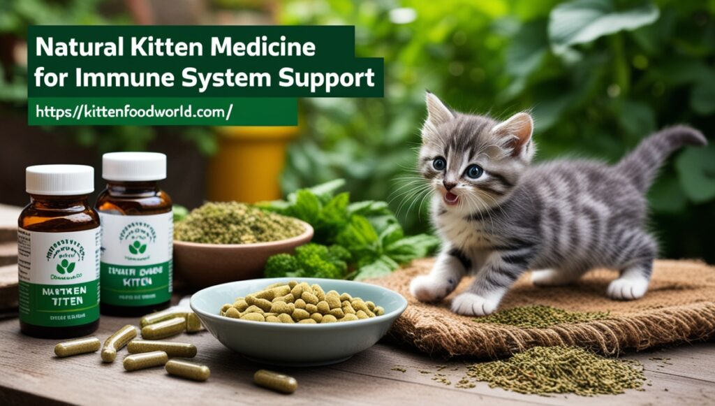 A playful kitten near herbal supplements and food in a natural environment.