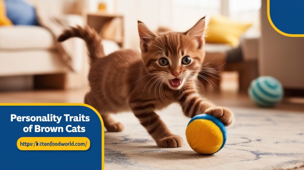 Playful brown kitten pouncing on a toy.