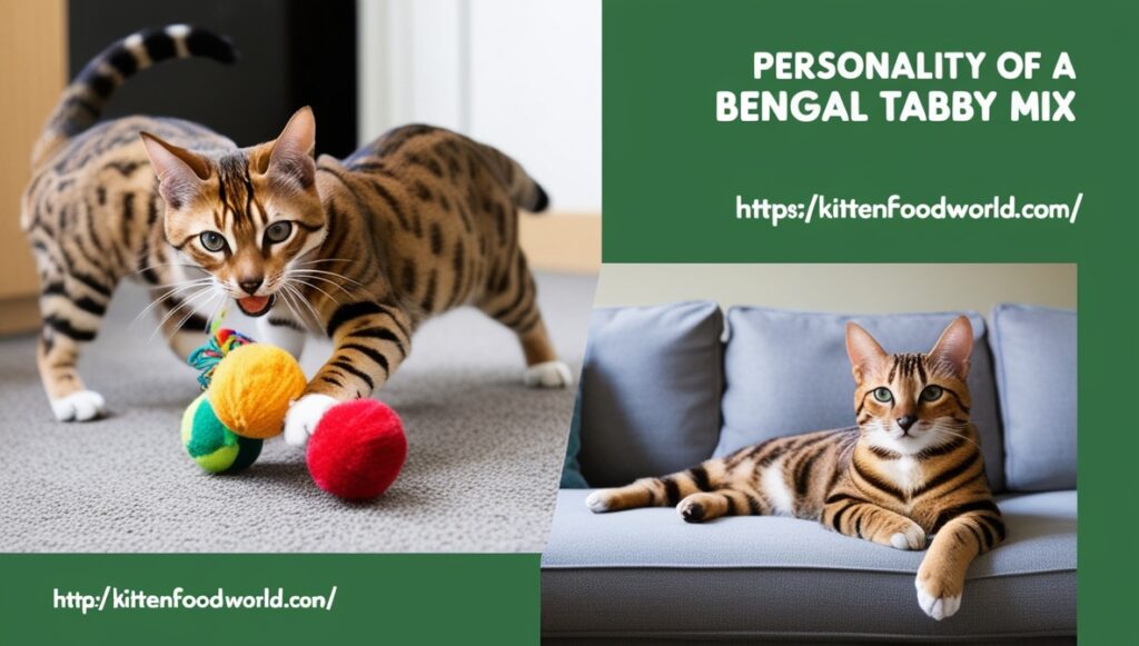 Bengal tabby mix playing with toys and lounging, showcasing its personality. 