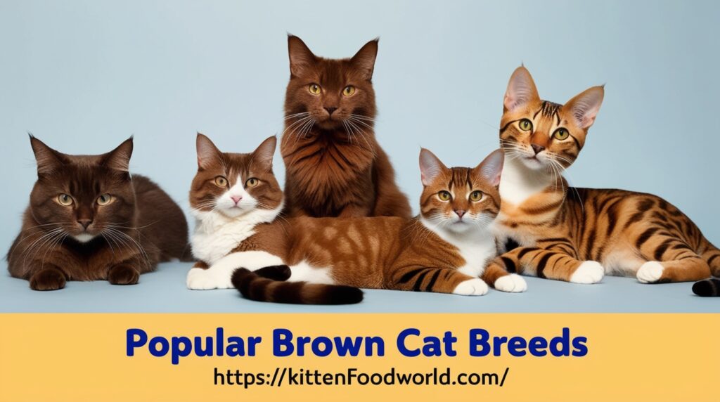 Different brown cat breeds including Havana Brown and Bengal.