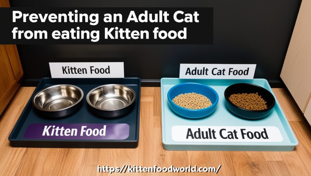 Separated feeding stations for kittens and adult cats, showing prevention methods for cross-feeding.