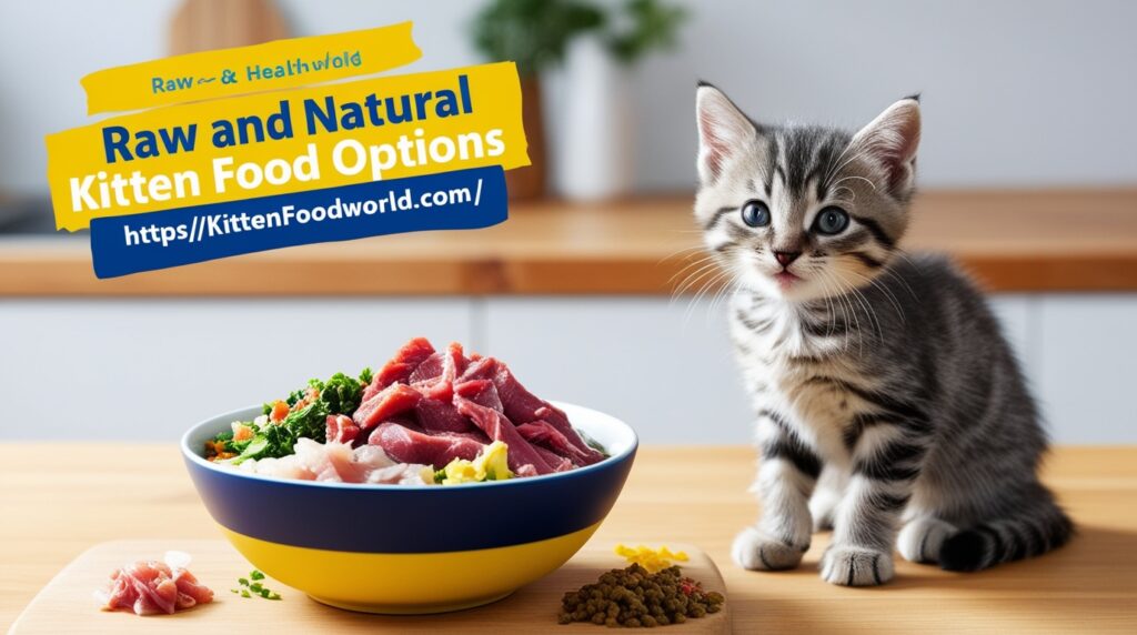 Healthy kitten sitting next to a bowl filled with fresh, raw, and natural kitten food options, including meat and vegetables, in a bright, natural kitchen setting.