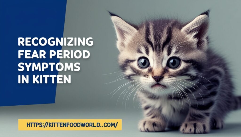 Kitten displaying symptoms of fear with wide eyes and alert ears, common during the fear period.