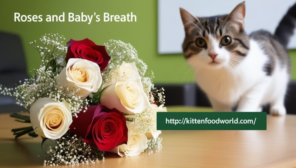 A cat observing a bouquet of roses with Baby’s Breath on a coffee table.