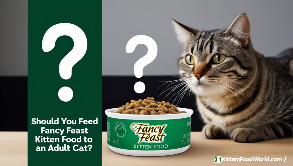 Adult cat considering a bowl of Fancy Feast kitten food, visually questioning its suitability