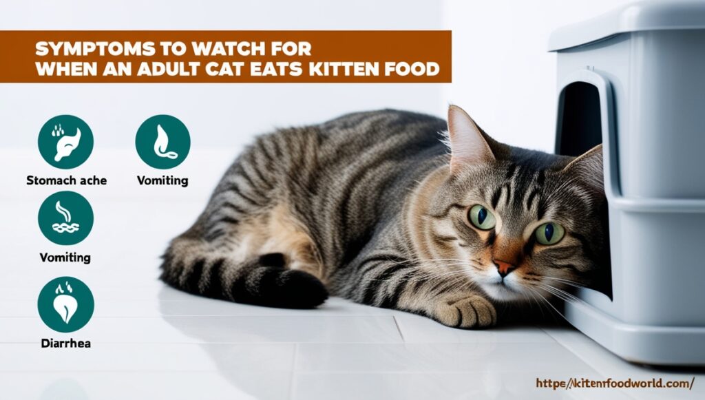 Adult cat lying near litter box, showing signs of digestive upset after eating kitten food