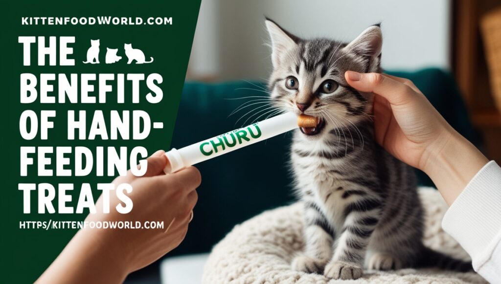 Hand-feeding a kitten a Churu treat in a warm indoor space.