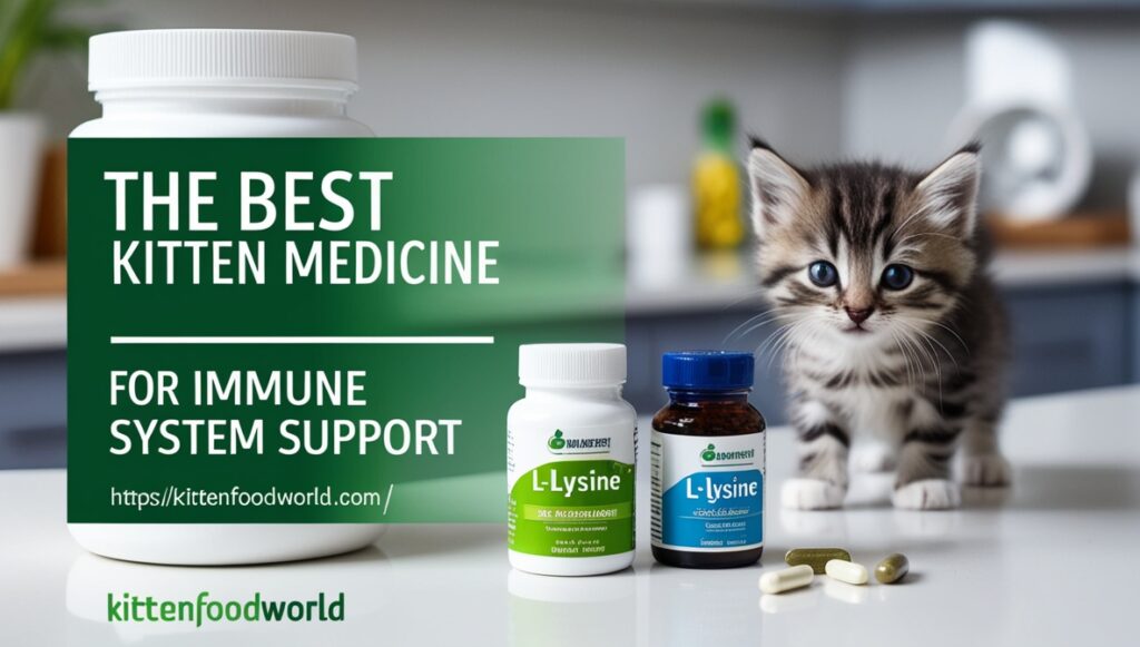 L-Lysine supplements and vitamins displayed with a kitten in the background.