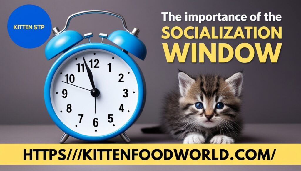 Kitten sitting next to a clock, representing the critical socialization window period for healthy development.