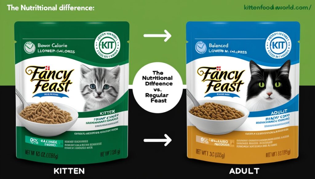 Fancy Feast kitten and adult food packaging comparison with nutritional highlights