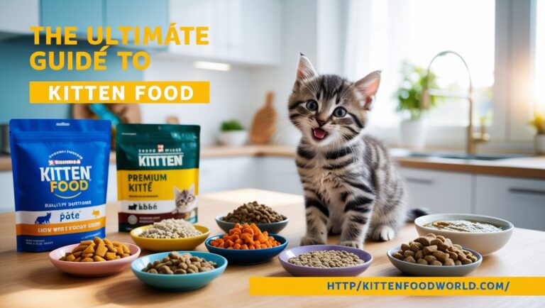 Happy kitten sitting next to a selection of premium kitten food options in a bright, modern kitchen, highlighting a guide to healthy kitten nutrition.