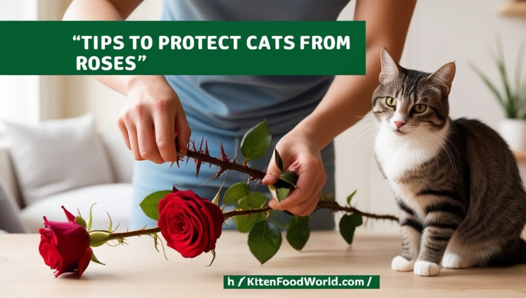 A pet owner trimming rose thorns with a cat watching from the side.