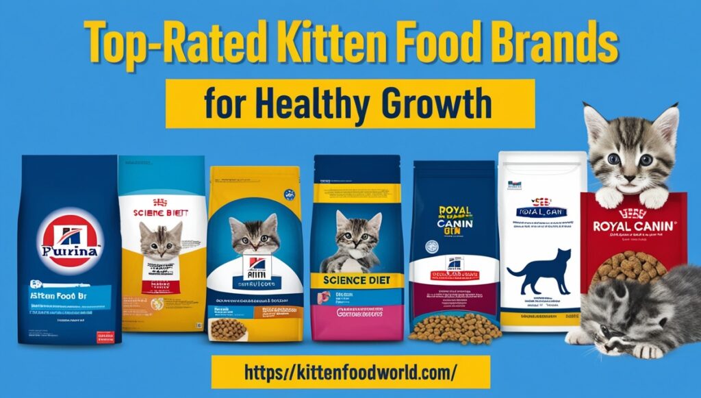 Popular kitten food brands displayed together.