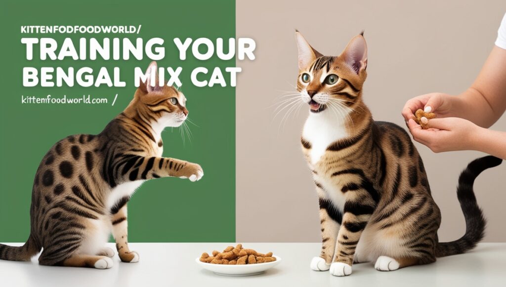 Bengal mix cat being trained with treats by its owner. 