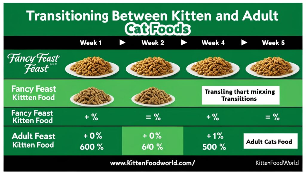 Visual guide showing how to transition a cat from kitten food to adult cat food over time.