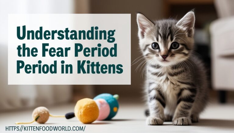 Kitten looking curious and slightly cautious, symbolizing the fear period and socialization stages.