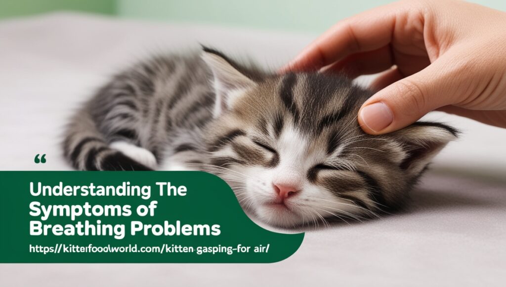 A weak kitten showing symptoms of labored breathing, lying on a soft surface.