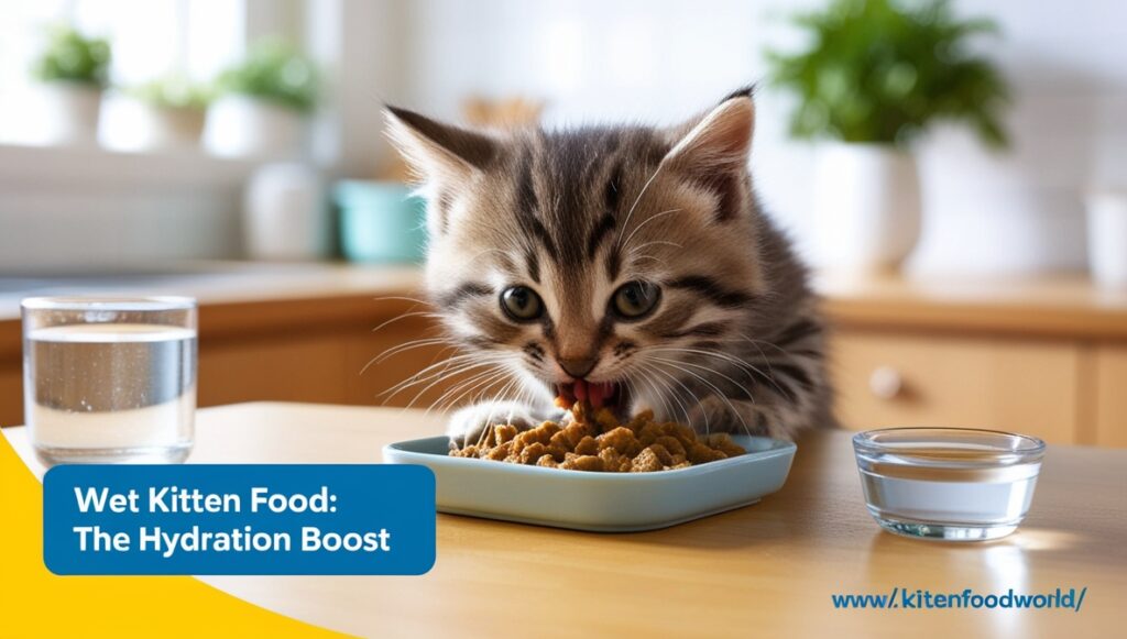 Adorable kitten eating moist wet food from a dish in a cozy kitchen, with a glass of fresh water beside the bowl to emphasize hydration benefits.