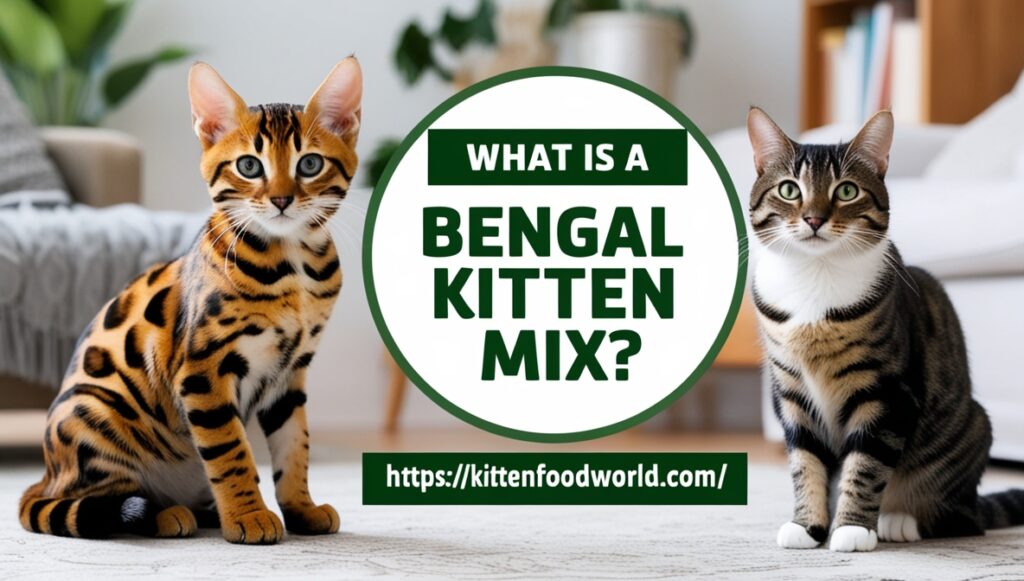 Bengal kitten mix with spotted coat next to a domestic cat in a cozy setting.