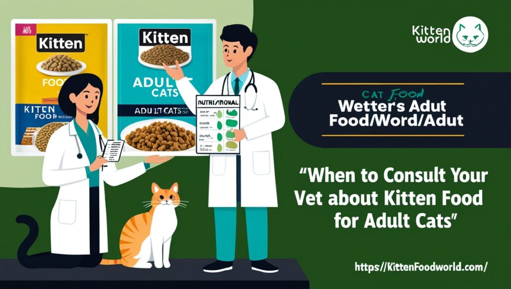 Veterinarian advising a pet owner on whether kitten food is suitable for an adult cat