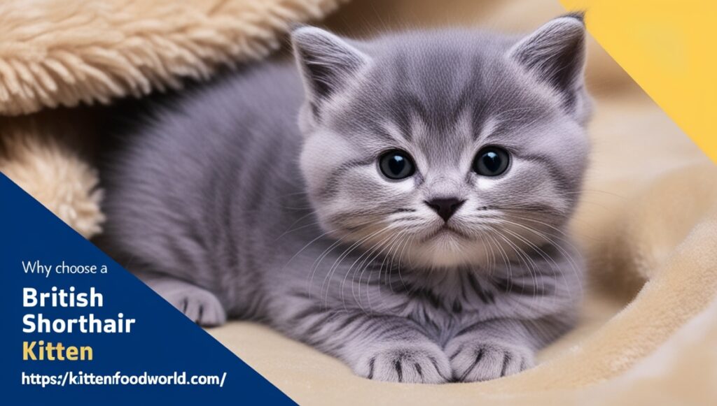 British Shorthair kitten sitting on a soft blanket, showing off its plush gray coat and round face.