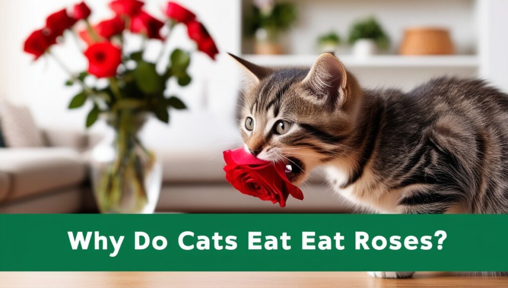 A kitten nibbling on a red rose petal with a flower vase in the background.