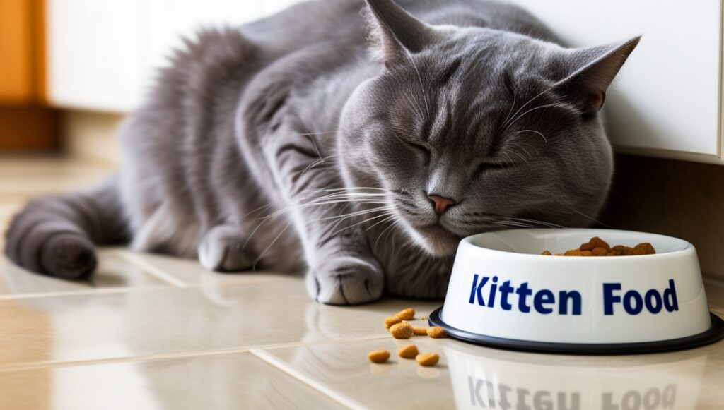 Adult gray cat looking uncomfortable near a bowl of kitten food, showing digestive discomfort.