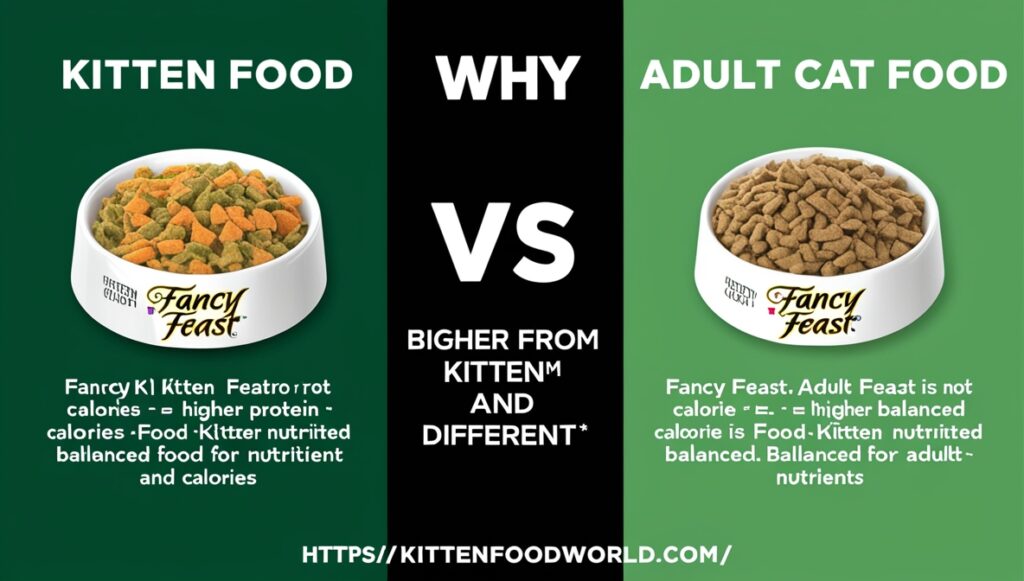 Nutritional comparison of Fancy Feast kitten food and adult cat food, illustrating key differences in protein, calorie, and fat content.