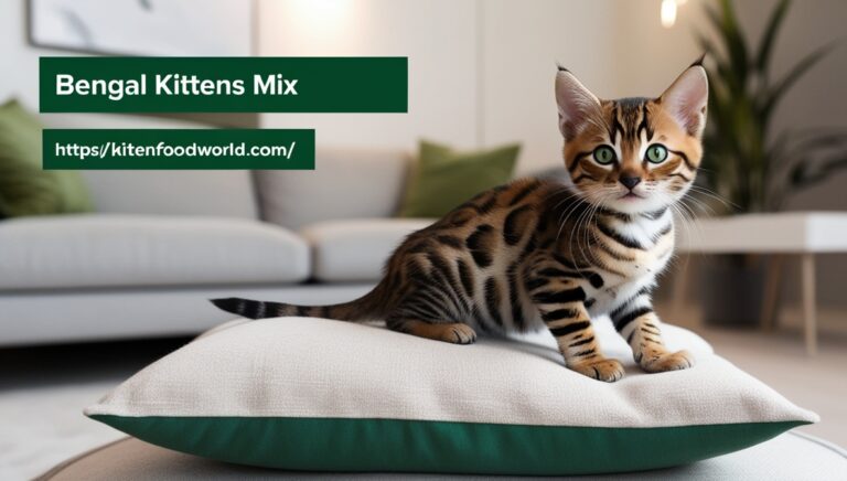 Bengal kitten mix with marbled and spotted patterns sitting on a cushion in a cozy living room