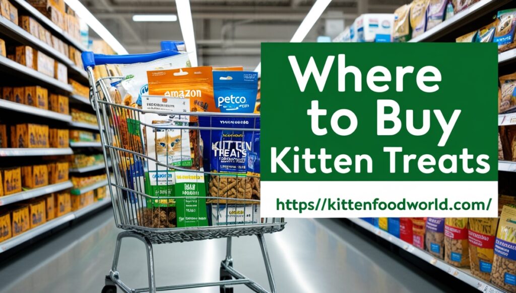 Shopping cart with various kitten treats in a pet store aisle.