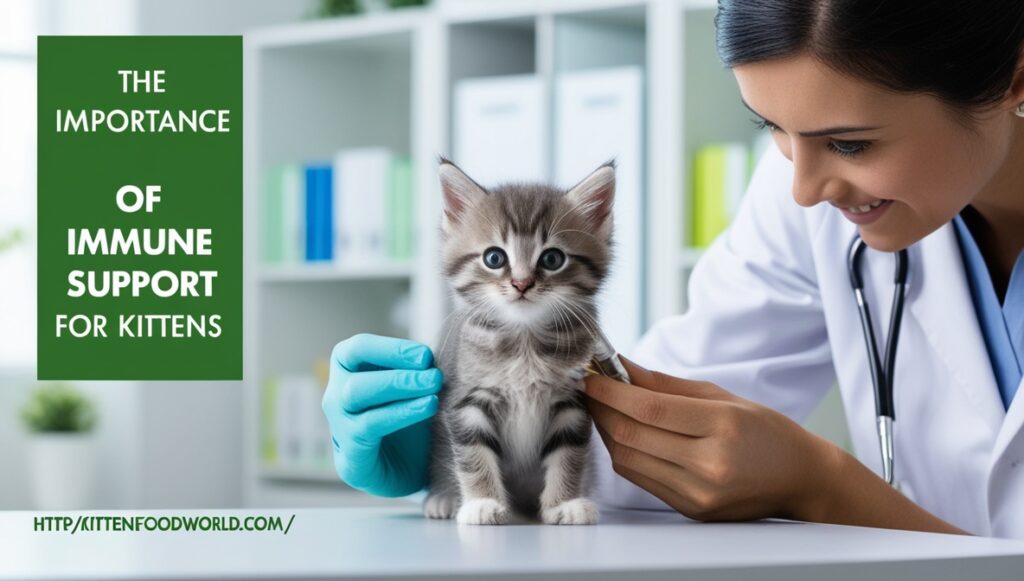 A veterinarian examining a kitten in a clinic to emphasize the importance of immune support.